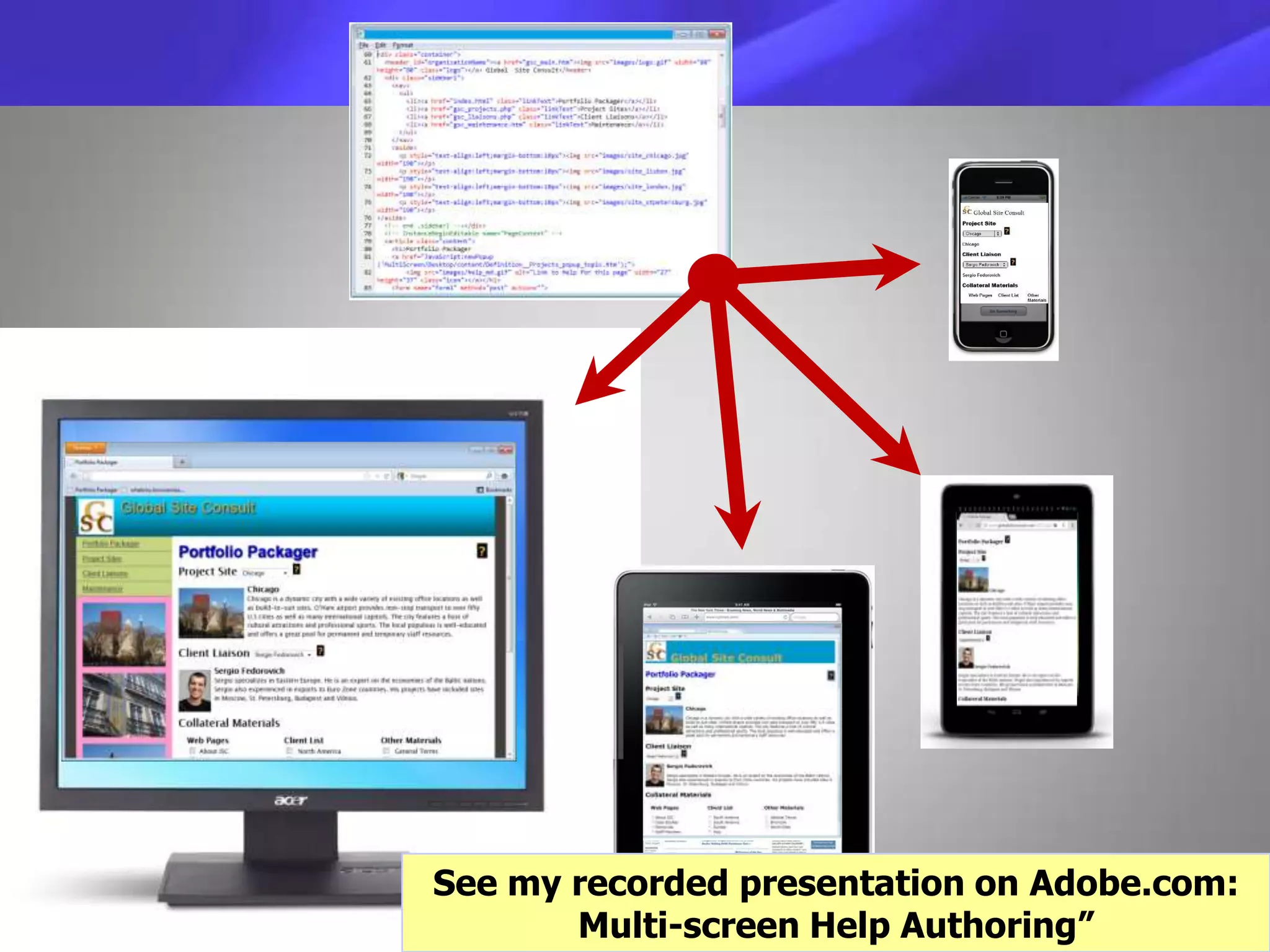 See my recorded presentation on Adobe.com:
Multi-screen Help Authoring”
 