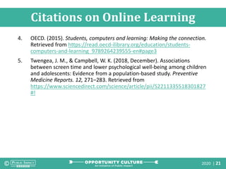 2020 | 21
Citations on Online Learning
4. OECD. (2015). Students, computers and learning: Making the connection.
Retrieved from https://read.oecd-ilibrary.org/education/students-
computers-and-learning_9789264239555-en#page3
5. Twengea, J. M., & Campbell, W. K. (2018, December). Associations
between screen time and lower psychological well-being among children
and adolescents: Evidence from a population-based study. Preventive
Medicine Reports. 12, 271–283. Retrieved from
https://www.sciencedirect.com/science/article/pii/S2211335518301827
#!
 