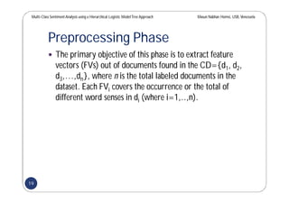 Multi-Class SentimentAnalysis using a Hierarchical Logistic ModelTree Approach Masun Nabhan Homsi, USB,Venezuela
Preprocessing Phase
 The primary objective of this phase is to extract feature
vectors (FVs) out of documents found in the CD={d1, d2,
d3,…,dn}, where n is the total labeled documents in the
dataset. Each FVi covers the occurrence or the total of
different word senses in di (where i=1,..,n).
19
 
