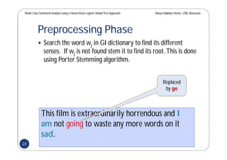 Multi-Class SentimentAnalysis using a Hierarchical Logistic ModelTree Approach Masun Nabhan Homsi, USB,Venezuela
Preprocessing Phase
 Search the word wj in GI dictionary to find its different
senses. If wj is not found stem it to find its root.This is done
using Porter Stemming algorithm.
This film is extraordinarily horrendous and I
am not going to waste any more words on it
sad.
Replaced
by go
24
 