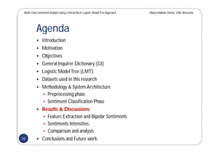 Multi-Class SentimentAnalysis using a Hierarchical Logistic ModelTree Approach Masun Nabhan Homsi, USB,Venezuela
Agenda
 Introduction
 Motivation
 Objectives
 General Inquirer Dictionary (GI)
 Logistic ModelTree (LMT)
 Datasets used in this research
 Methodology & System Architecture
 Preprocessing phase
 Sentiment Classification Phase
 Results & Discussions
 Feature Extraction and Bipolar Sentiments
 Sentiments Intensities.
 Comparison and analysis.
 Conclusions and Future work.36
 