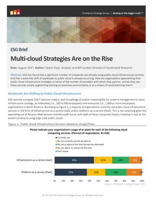 © 2017 by The Enterprise Strategy Group, Inc. All Rights Reserved.
Workloads Are Shifting to Public Cloud Infrastructure
ESG recently surveyed 318 IT decision makers, with knowledge of and/or responsibility for systems management or cloud
infrastructure strategy, at midmarket (i.e., 100 to 999 employees) and enterprise (i.e., 1,000 or more employees)
organizations in North America. According to Figure 1, a majority of organizations currently use public cloud infrastructure
services in the form of infrastructure-as-a-service (IaaS) and/or platform-as-a-service (PaaS). This is not surprising given the
expanding use of Amazon Web Services and Microsoft Azure, with both of those companies heavily investing in IaaS as the
easiest onramp to using large scale public clouds.
Figure 1. Public Cloud Infrastructure Services Adoption Usage/Plans
Source: Enterprise Strategy Group, 2017
37%
45%
21%
21%
24%
19%
17%
14%
1%
1%
0% 10% 20% 30% 40% 50% 60% 70% 80% 90% 100%
Platform-as-a-service (PaaS)
Infrastructure-as-a-service (IaaS)
Please indicate your organization’s usage of or plans for each of the following cloud
computing services. (Percent of respondents, N=318)
Currently use
Do not currently use but we plan to
No use or plans at this time but we are interested
No use, plans, or interest at this time
Don’t know
ESGBrief
Multi-cloud Strategies Are on the Rise
Date: August 2017 Author: Edwin Yuen, Analyst; and Bill Lundell, Director of Syndicated Research
Abstract: ESG has found that a significant number of companies are already using public cloud infrastructure services,
and that a wave-like shift of workloads to public cloud is already occurring. How are organizations approaching their
public cloud infrastructure strategies in terms of the number of providers with which they partner, and do they see
these services simply augmenting existing on-premises environments or as a means of revolutionizing them?
Enterprise Strategy Group | Getting to the bigger truth.™
 