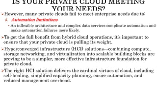 However, many private clouds fail to meet enterprise needs due to:
5. Automation limitations
• An inflexible architecture and complex data services complicate automation and
make automation failures more likely.
To get the full benefit from hybrid cloud operations, it’s important to
ensure that your private cloud is pulling its weight.
Hyperconverged infrastructure (HCI) solutions—combining compute,
storage networking, and virtualization into scalable building blocks are
proving to be a simpler, more effective infrastructure foundation for
private cloud.
The right HCI solution delivers the cardinal virtues of cloud, including
self-healing, simplified capacity planning, easier automation, and
reduced management overhead.
 