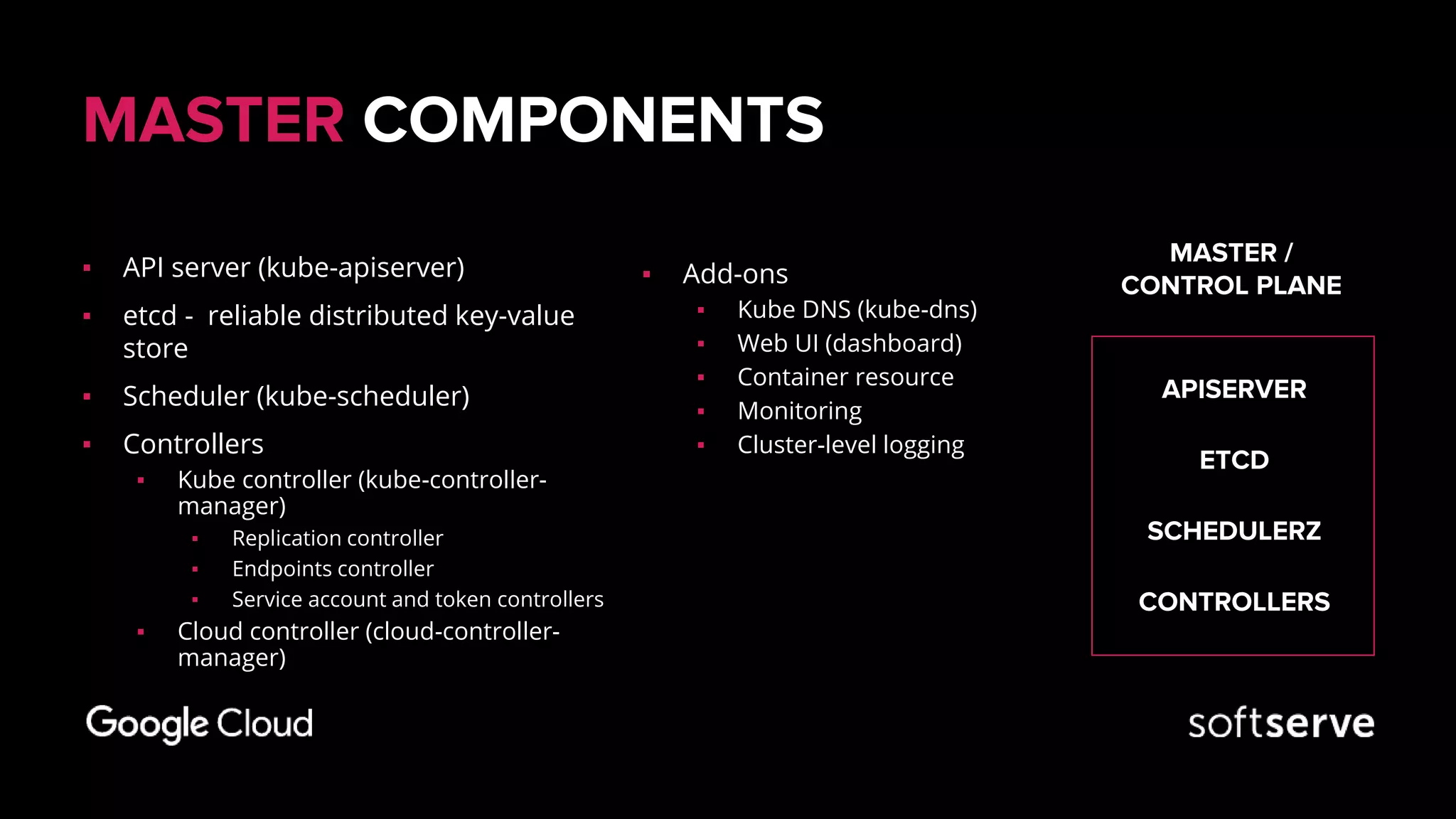 MASTER COMPONENTS
▪ API server (kube-apiserver)
▪ etcd - reliable distributed key-value
store
▪ Scheduler (kube-scheduler)
▪ Controllers
▪ Kube controller (kube-controller-
manager)
▪ Replication controller
▪ Endpoints controller
▪ Service account and token controllers
▪ Cloud controller (cloud-controller-
manager)
MASTER /
CONTROL PLANE
ETCD
SCHEDULERZ
CONTROLLERS
APISERVER
▪ Add-ons
▪ Kube DNS (kube-dns)
▪ Web UI (dashboard)
▪ Container resource
▪ Monitoring
▪ Cluster-level logging
 