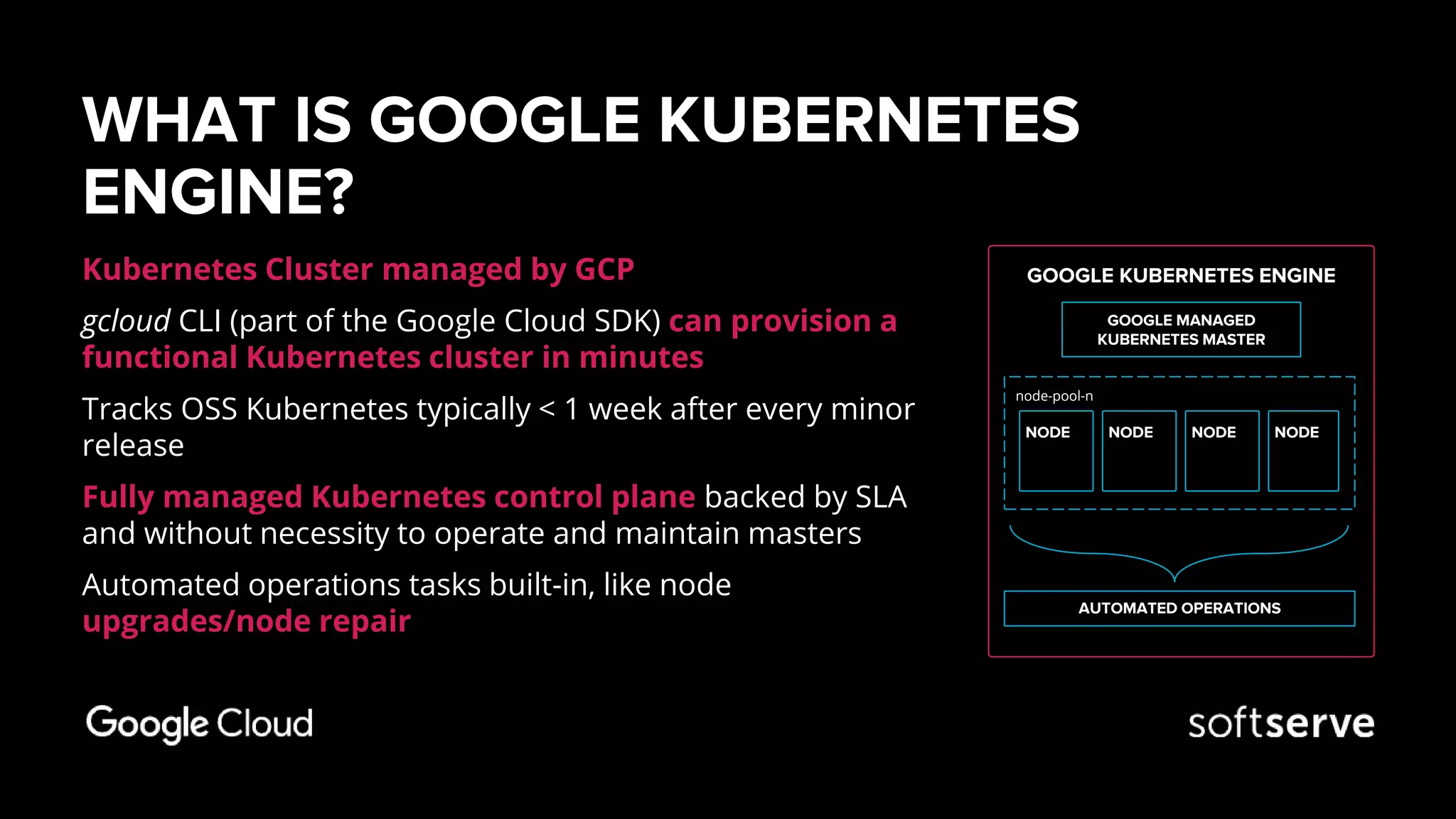 WHAT IS GOOGLE KUBERNETES
ENGINE?
Kubernetes Cluster managed by GCP
gcloud CLI (part of the Google Cloud SDK) can provision a
functional Kubernetes cluster in minutes
Tracks OSS Kubernetes typically < 1 week after every minor
release
Fully managed Kubernetes control plane backed by SLA
and without necessity to operate and maintain masters
Automated operations tasks built-in, like node
upgrades/node repair
node-pool-n
NODE NODENODENODE
AUTOMATED OPERATIONS
GOOGLE MANAGED
KUBERNETES MASTER
GOOGLE KUBERNETES ENGINE
 