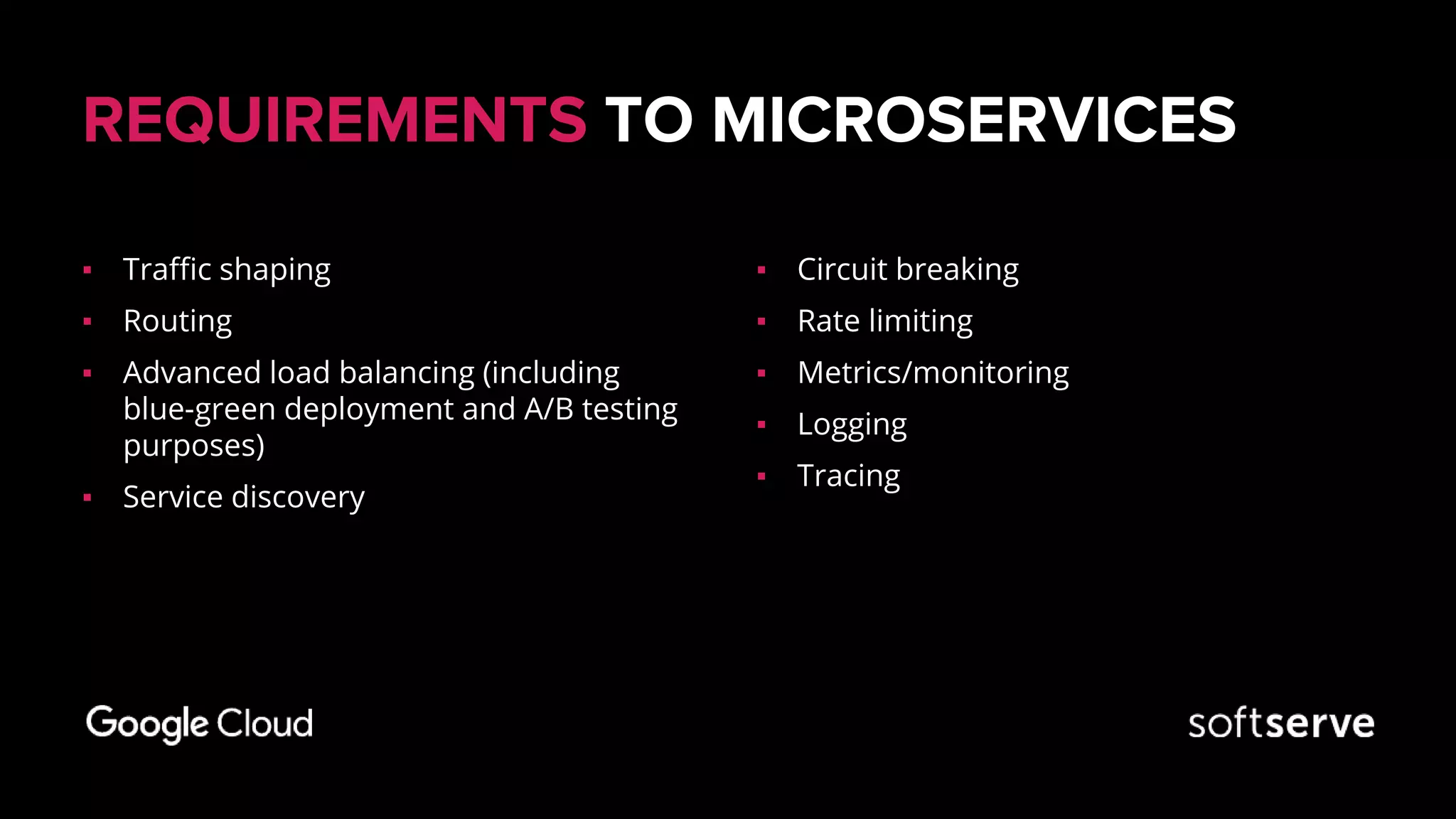 REQUIREMENTS TO MICROSERVICES
▪ Traffic shaping​
▪ Routing
▪ Advanced load balancing​ (including
blue-green deployment and A/B testing
purposes)
▪ Service discovery​
▪ Circuit breaking​
▪ Rate limiting​
▪ Metrics/monitoring
▪ Logging
▪ Tracing
 