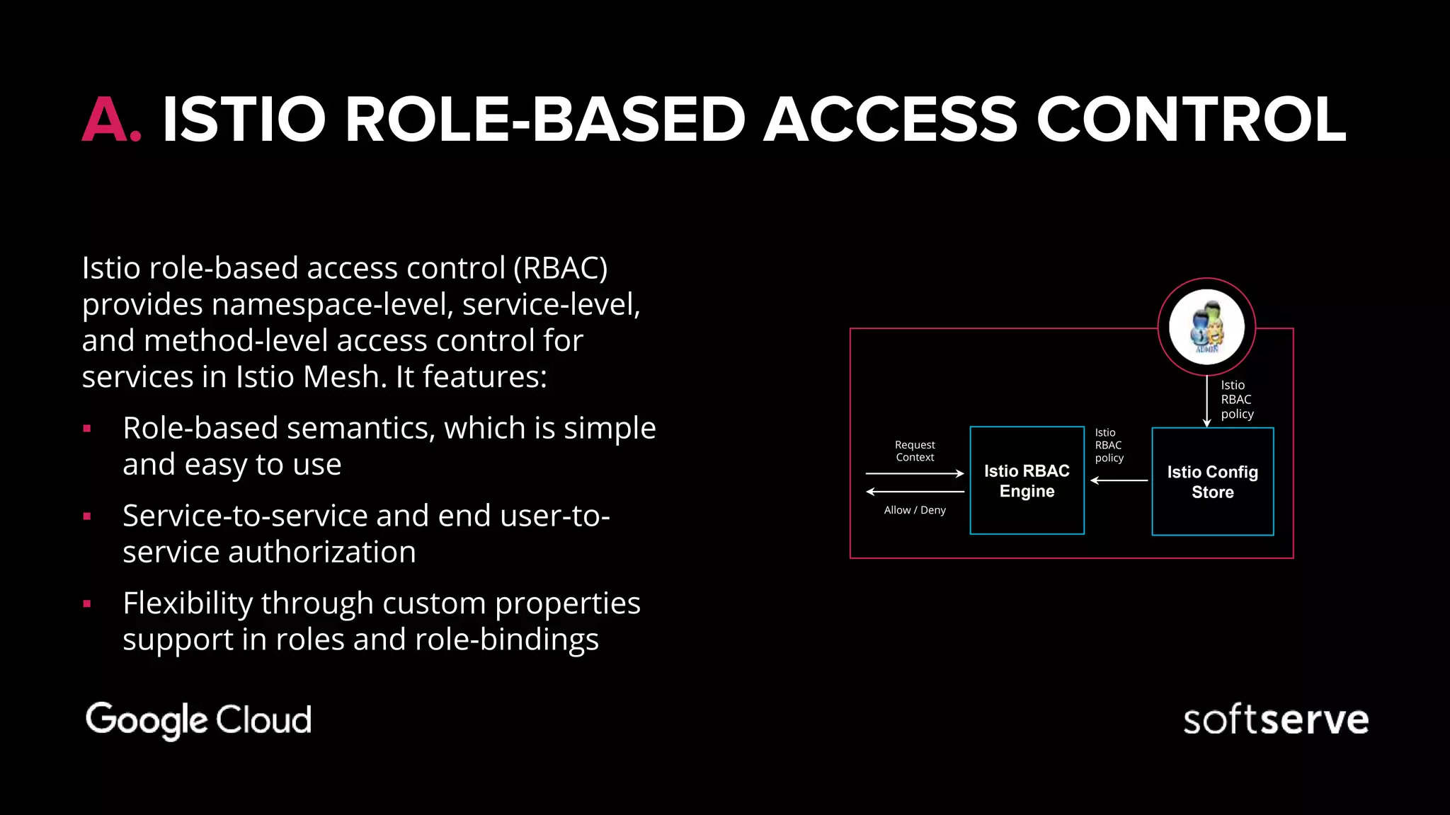A. ISTIO ROLE-BASED ACCESS CONTROL
Istio role-based access control (RBAC)
provides namespace-level, service-level,
and method-level access control for
services in Istio Mesh. It features:
▪ Role-based semantics, which is simple
and easy to use
▪ Service-to-service and end user-to-
service authorization
▪ Flexibility through custom properties
support in roles and role-bindings
Istio
RBAC
policy
Request
Context
Allow / Deny
Istio
RBAC
policy
Istio RBAC
Engine
Istio Config
Store
 