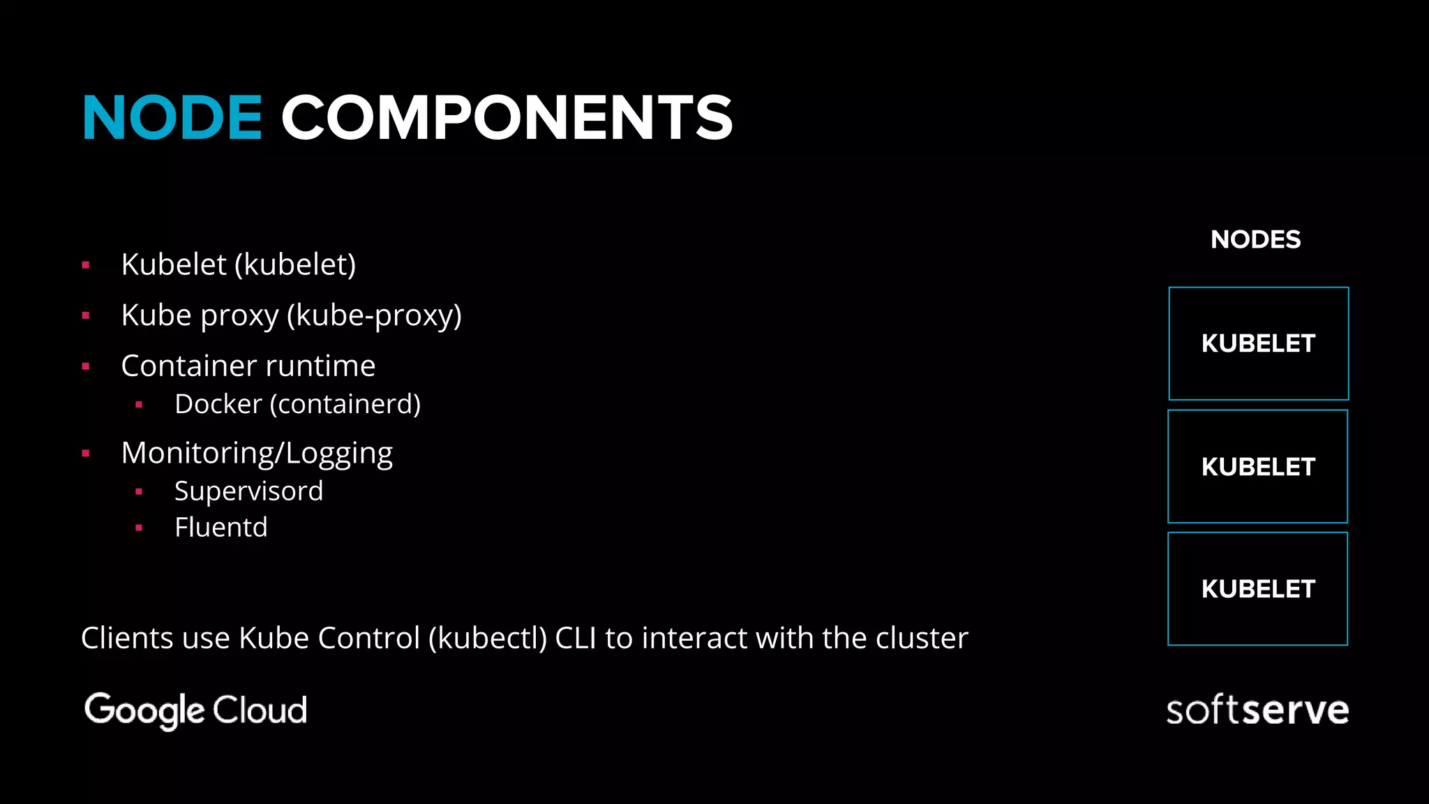 NODE COMPONENTS
▪ Kubelet (kubelet)
▪ Kube proxy (kube-proxy)
▪ Container runtime
▪ Docker (containerd)
▪ Monitoring/Logging
▪ Supervisord
▪ Fluentd
Clients use Kube Control (kubectl) CLI to interact with the cluster
KUBELET
KUBELET
NODES
KUBELET
 