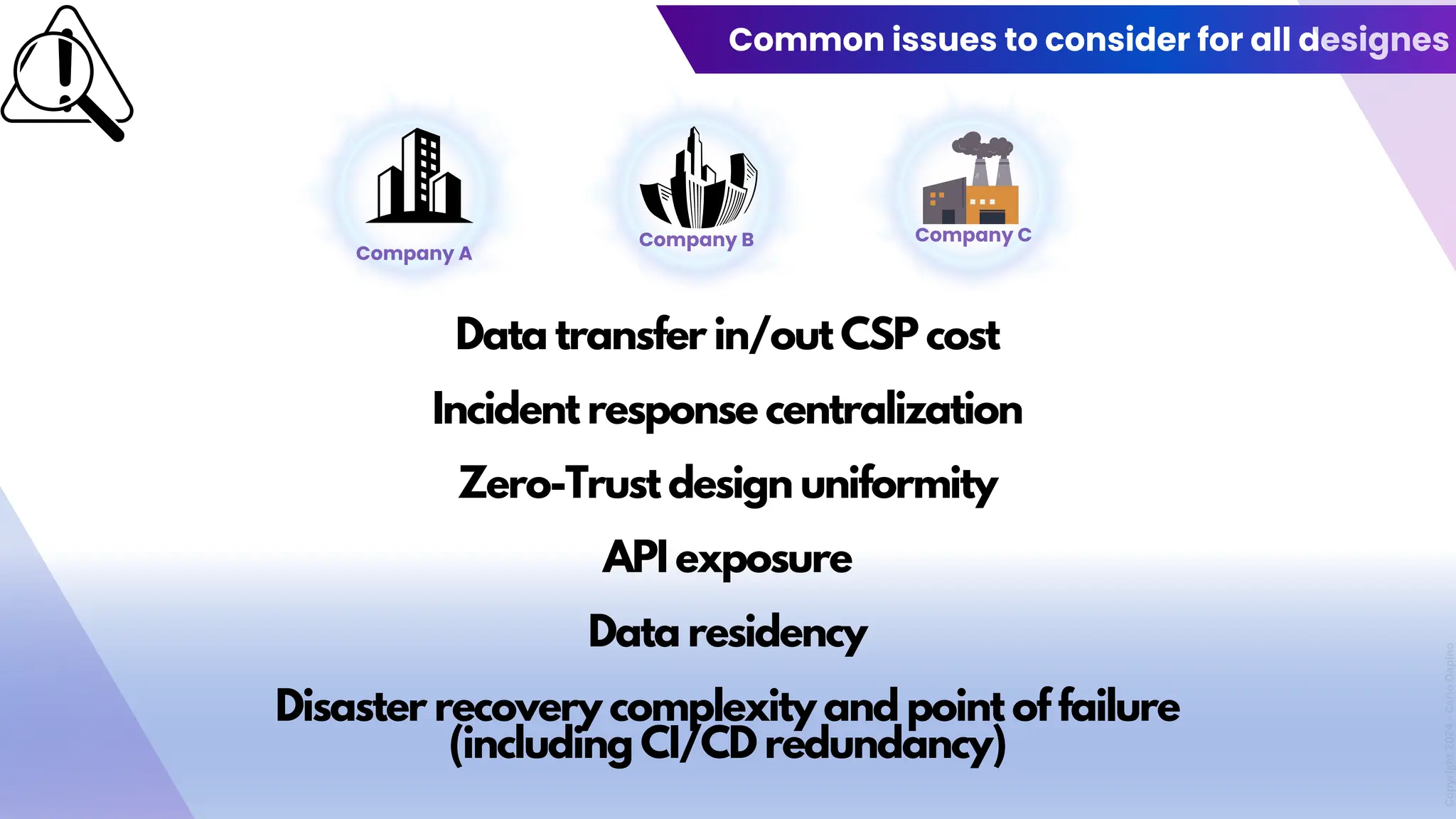Common issues to consider for all designes
Copyright
2024
-
Carlo
Dapino
Company C
Company A
Company B
Data transfer in/out CSP cost
Incident response centralization
Zero-Trust design uniformity
API exposure
Data residency
Disaster recovery complexity and point of failure
(including CI/CD redundancy)
 