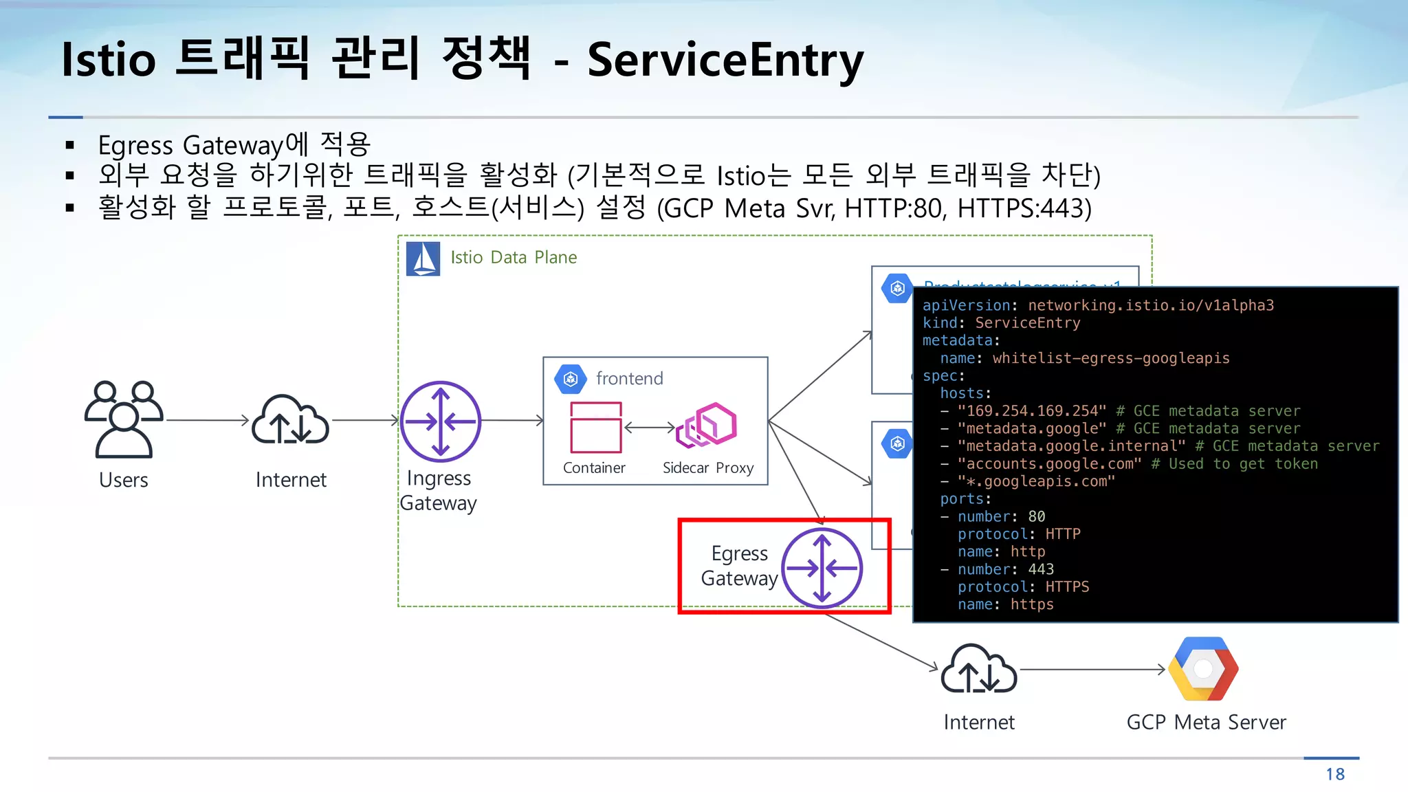 18
Istio 트래픽 관리 정책 - ServiceEntry
Users Internet Ingress
Gateway
frontend
Container Sidecar Proxy
Productcatalogservice-v1
Container Sidecar Proxy
Productcatalogservice-v2
Container Sidecar Proxy
Egress
Gateway
Internet GCP Meta Server
Istio Data Plane
apiVersion: networking.istio.io/v1alpha3
kind: ServiceEntry
metadata:
name: whitelist-egress-googleapis
spec:
hosts:
- "169.254.169.254" # GCE metadata server
- "metadata.google" # GCE metadata server
- "metadata.google.internal" # GCE metadata server
- "accounts.google.com" # Used to get token
- "*.googleapis.com"
ports:
- number: 80
protocol: HTTP
name: http
- number: 443
protocol: HTTPS
name: https
§ Egress Gateway에 적용
§ 외부 요청을 하기위한 트래픽을 활성화 (기본적으로 Istio는 모든 외부 트래픽을 차단)
§ 활성화 할 프로토콜, 포트, 호스트(서비스) 설정 (GCP Meta Svr, HTTP:80, HTTPS:443)
 