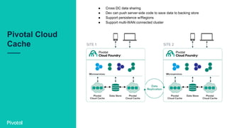 Pivotal Cloud
Cache
●  Cross DC data sharing
●  Dev can push server-side code to save data to backing store
●  Support persistence w/Regions
●  Support multi-WAN connected cluster
 