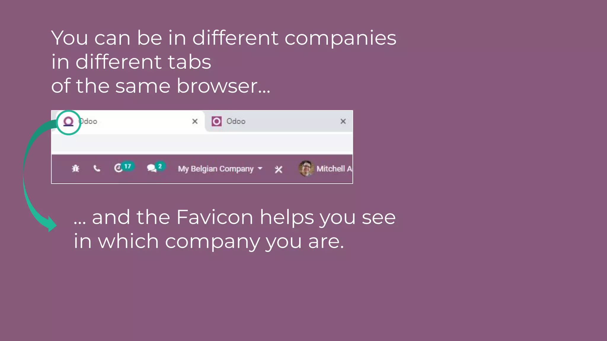 You can be in different companies
in different tabs
of the same browser...
… and the Favicon helps you see
in which company you are.
 