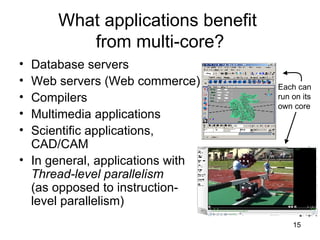 What applications benefit  from multi-core? Database servers Web servers (Web commerce) Compilers Multimedia applications Scientific applications, CAD/CAM In general, applications with  Thread-level parallelism (as opposed to instruction-level parallelism) Each can run on its own core  