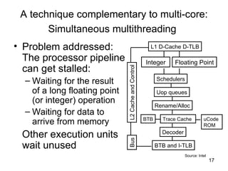 A technique complementary to multi-core: Simultaneous multithreading   Problem addressed: The processor pipeline  can get stalled: Waiting for the result  of a long floating point  (or integer) operation Waiting for data to  arrive from memory  Other execution units wait unused Source: Intel BTB and I-TLB Decoder Trace Cache Rename/Alloc Uop queues Schedulers Integer Floating Point L1 D-Cache D-TLB uCode  ROM BTB L2 Cache and Control Bus 