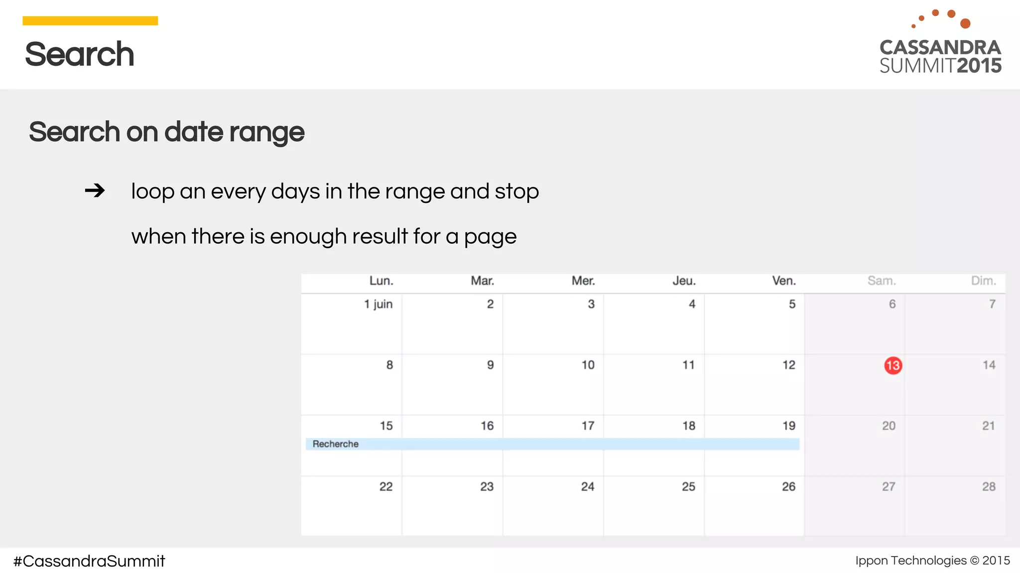 Ippon Technologies © 2015#CassandraSummit
Search
Search on date range
➔ loop an every days in the range and stop
when there is enough result for a page
 