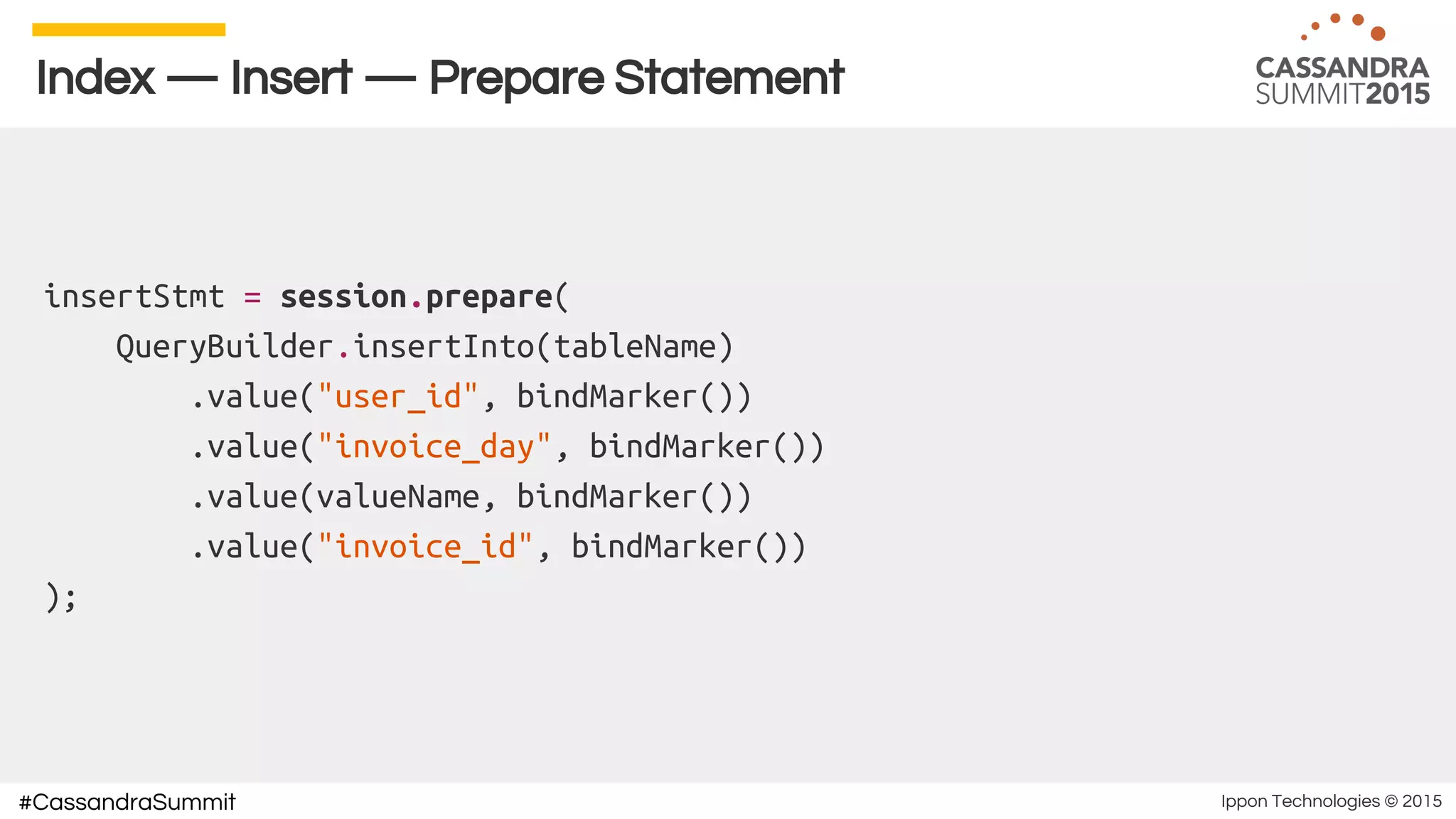 Ippon Technologies © 2015#CassandraSummit
Index — Insert — Prepare Statement
insertStmt = session.prepare(
QueryBuilder.insertInto(tableName)
.value("user_id", bindMarker())
.value("invoice_day", bindMarker())
.value(valueName, bindMarker())
.value("invoice_id", bindMarker())
);
 