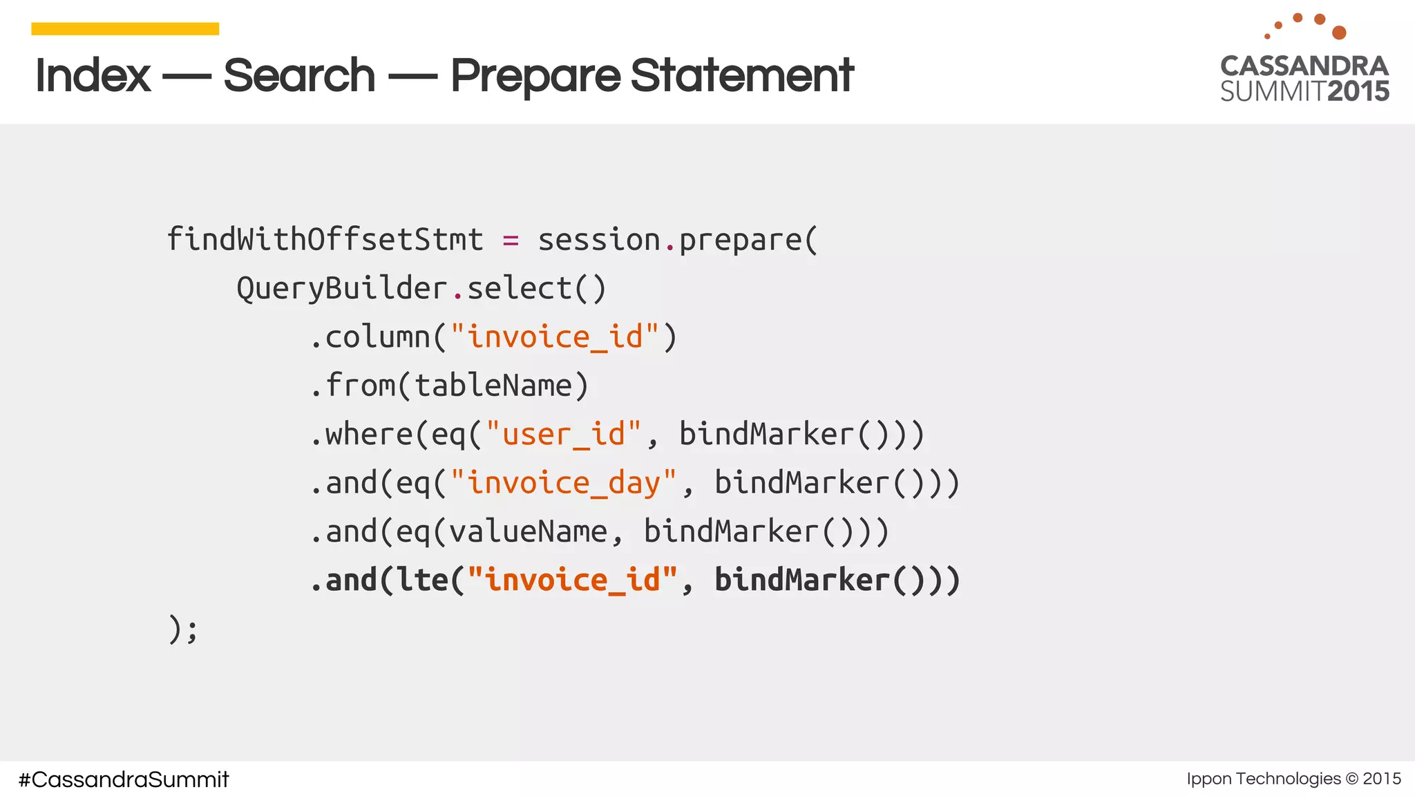 Ippon Technologies © 2015#CassandraSummit
Index — Search — Prepare Statement
findWithOffsetStmt = session.prepare(
QueryBuilder.select()
.column("invoice_id")
.from(tableName)
.where(eq("user_id", bindMarker()))
.and(eq("invoice_day", bindMarker()))
.and(eq(valueName, bindMarker()))
.and(lte("invoice_id", bindMarker()))
);
 