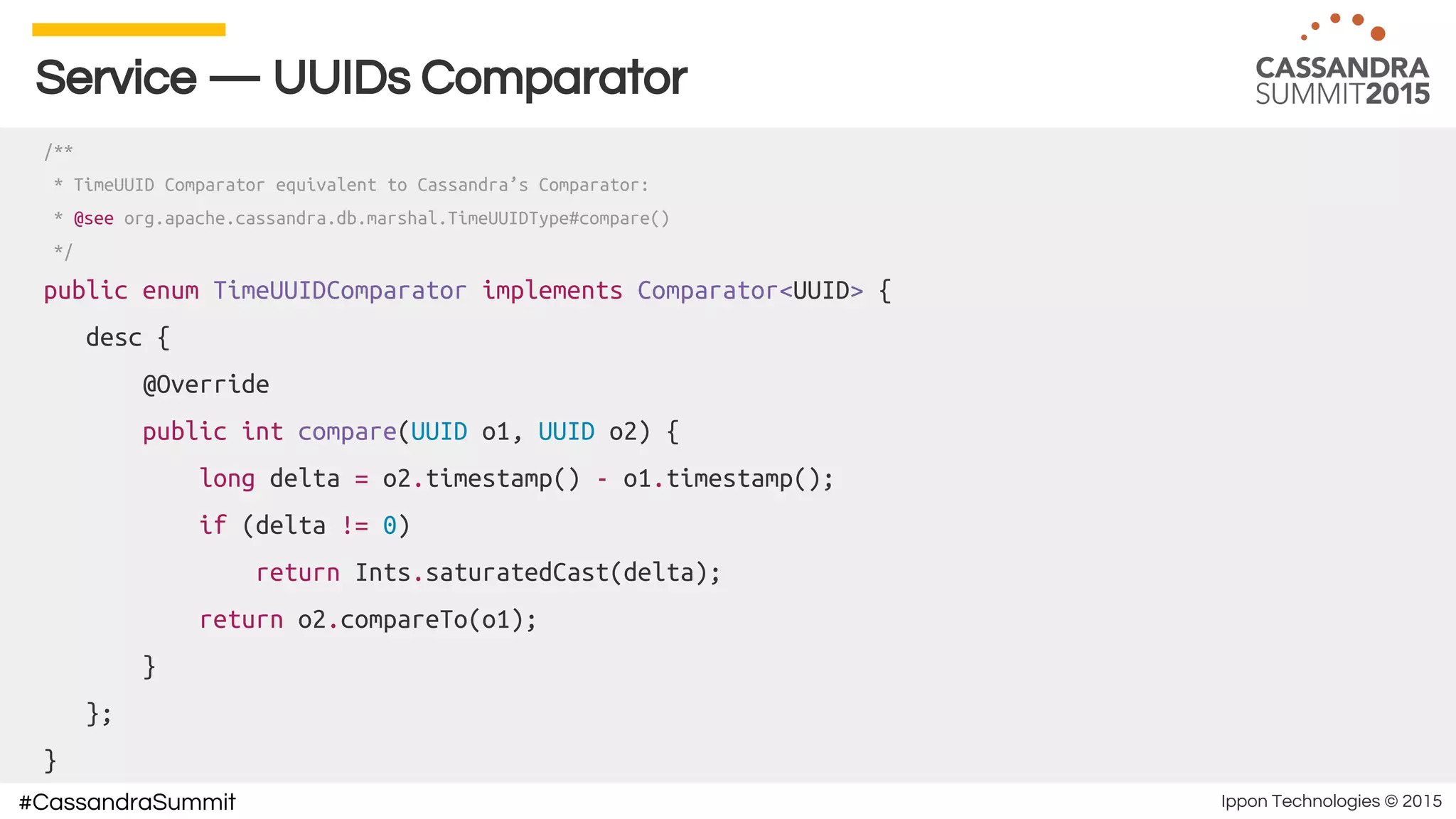 Ippon Technologies © 2015#CassandraSummit
Service — UUIDs Comparator
/**
* TimeUUID Comparator equivalent to Cassandra’s Comparator:
* @see org.apache.cassandra.db.marshal.TimeUUIDType#compare()
*/
public enum TimeUUIDComparator implements Comparator<UUID> {
desc {
@Override
public int compare(UUID o1, UUID o2) {
long delta = o2.timestamp() - o1.timestamp();
if (delta != 0)
return Ints.saturatedCast(delta);
return o2.compareTo(o1);
}
};
}
 