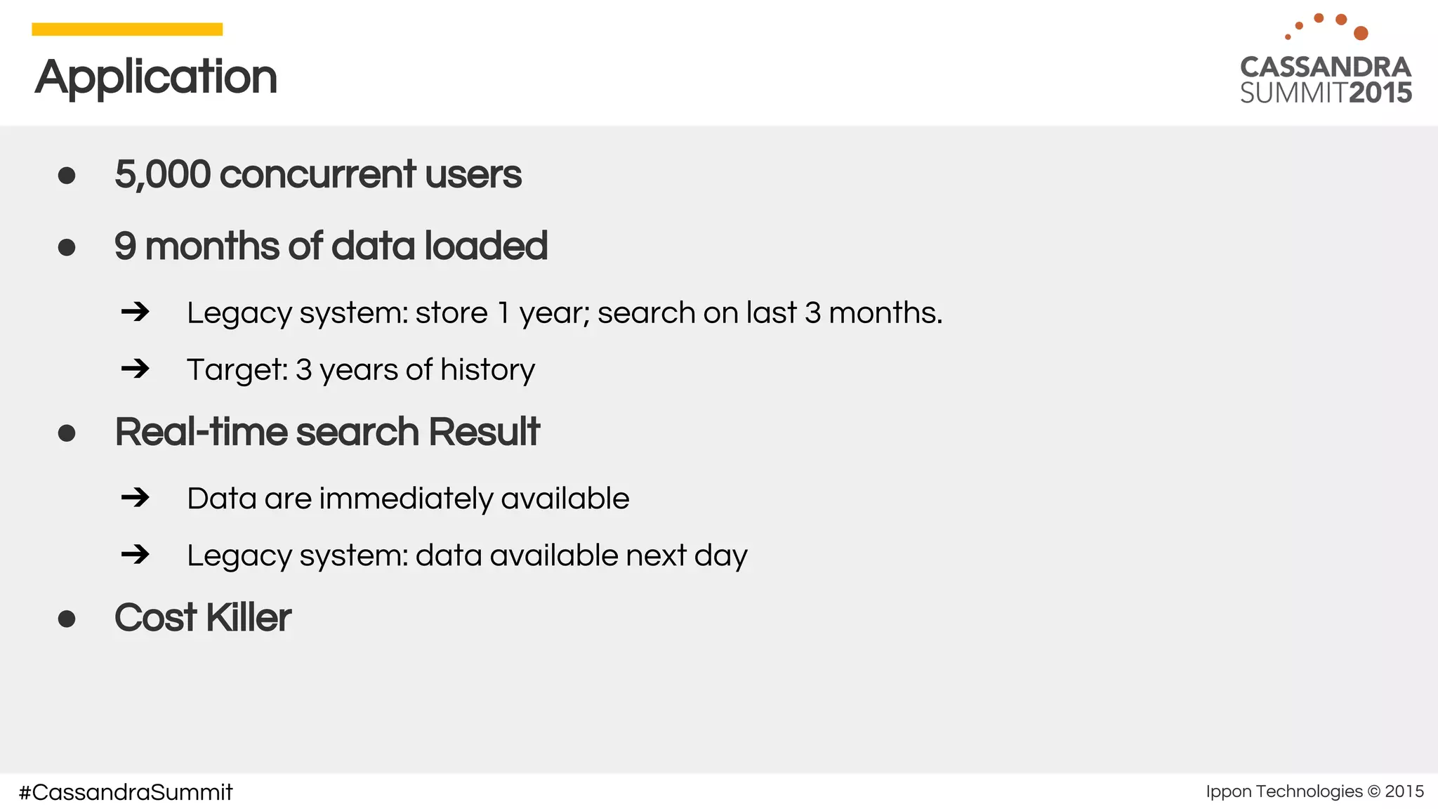 Ippon Technologies © 2015#CassandraSummit
Application
● 5,000 concurrent users
● 9 months of data loaded
➔ Legacy system: store 1 year; search on last 3 months.
➔ Target: 3 years of history
● Real-time search Result
➔ Data are immediately available
➔ Legacy system: data available next day
● Cost Killer
 