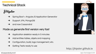 Ippon Technologies © 2015#CassandraSummit
Technical Stack
JHipster
➔ Spring Boot + AngularJS Application Generator
➔ Support JPA, MongoDB
➔ and now Cassandra!
Made us generate first version very fast
➔ Application skeleton ready in 5 minutes
➔ Add entities tables, objets and mapping
➔ Configuration, build, logs management, etc.
➔ Gatling Tests ready to use
http://jhipster.github.io
 