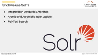 Ippon Technologies © 2015#CassandraSummit
Shall we use Solr ?
● Integrated in DataStax Enterprise
● Atomic and Automatic Index update
● Full-Text Search
 