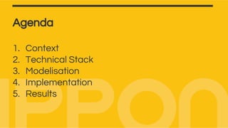 Agenda
1. Context
2. Technical Stack
3. Modelisation
4. Implementation
5. Results
 