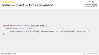 Ippon Technologies © 2015#CassandraSummit
Index — Insert — Date conversion
public static Date toDate(LocalDate date) {
return date == null ? null :
Date.from(date.atStartOfDay().atZone(ZoneOffset.systemDefault()).toInstant());
}
 
