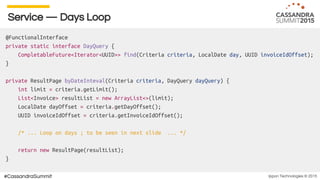 Ippon Technologies © 2015#CassandraSummit
Service — Days Loop
@FunctionalInterface
private static interface DayQuery {
CompletableFuture<Iterator<UUID>> find(Criteria criteria, LocalDate day, UUID invoiceIdOffset);
}
private ResultPage byDateInteval(Criteria criteria, DayQuery dayQuery) {
int limit = criteria.getLimit();
List<Invoice> resultList = new ArrayList<>(limit);
LocalDate dayOffset = criteria.getDayOffset();
UUID invoiceIdOffset = criteria.getInvoiceIdOffset();
/* ... Loop on days ; to be seen in next slide ... */
return new ResultPage(resultList);
}
 