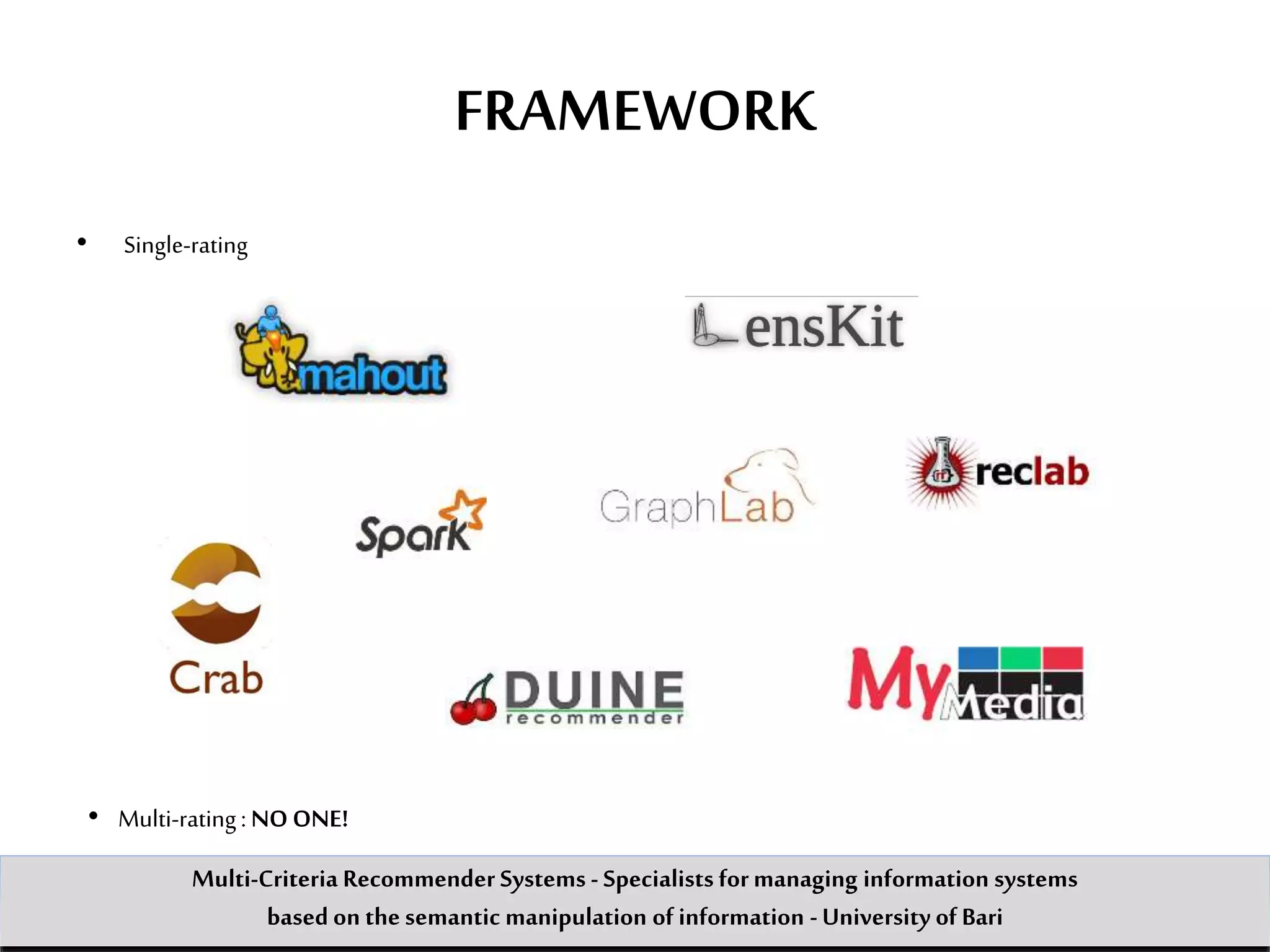 FRAMEWORK
• Single-rating
• Multi-rating: NO ONE!
Multi-Criteria Recommender Systems - Specialists formanaging information systems
based on the semantic manipulation of information -University of Bari
 