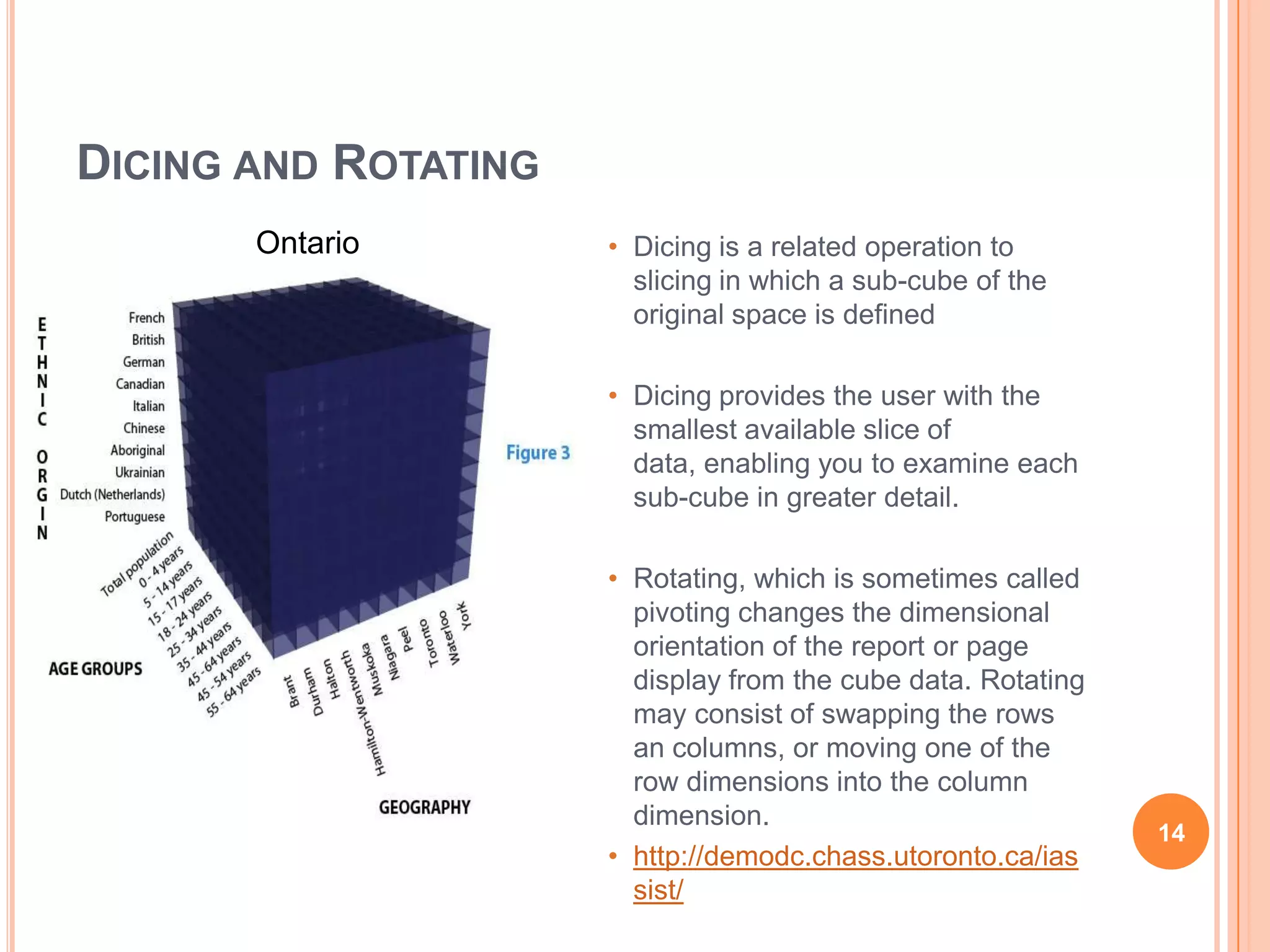 DICING AND ROTATING
       Ontario        • Dicing is a related operation to
                        slicing in which a sub-cube of the
                        original space is defined

                      • Dicing provides the user with the
                        smallest available slice of
                        data, enabling you to examine each
                        sub-cube in greater detail.

                      • Rotating, which is sometimes called
                        pivoting changes the dimensional
                        orientation of the report or page
                        display from the cube data. Rotating
                        may consist of swapping the rows
                        an columns, or moving one of the
                        row dimensions into the column
                        dimension.
                                                               14
                      • http://demodc.chass.utoronto.ca/ias
                        sist/
 