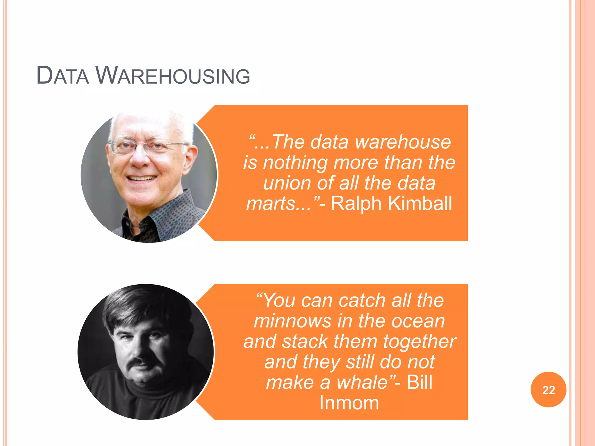 DATA WAREHOUSING

                “...The data warehouse
               is nothing more than the
                   union of all the data
                marts...”- Ralph Kimball



                “You can catch all the
                minnows in the ocean
               and stack them together
                 and they still do not
                 make a whale”- Bill       22
                       Inmom
 