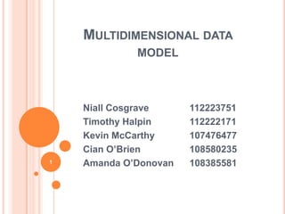 MULTIDIMENSIONAL DATA
             MODEL



    Niall Cosgrave     112223751
    Timothy Halpin     112222171
    Kevin McCarthy     107476477
    Cian O’Brien       108580235
1   Amanda O’Donovan   108385581
 