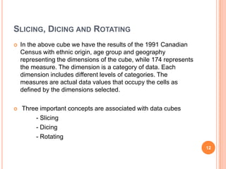 SLICING, DICING AND ROTATING
   In the above cube we have the results of the 1991 Canadian
    Census with ethnic origin, age group and geography
    representing the dimensions of the cube, while 174 represents
    the measure. The dimension is a category of data. Each
    dimension includes different levels of categories. The
    measures are actual data values that occupy the cells as
    defined by the dimensions selected.

   Three important concepts are associated with data cubes
        - Slicing
        - Dicing
        - Rotating
                                                                    12
 