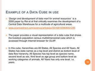 EXAMPLE OF A DATA CUBE IN USE
   „Design and development of data mart for animal resources’ is a
    2008 paper by Rai et al that critically examines the development of a
    Central Data Warehouse for a multitude of agricultural areas.
   www.sciencedirect.com/science/article/pii/S0168169908001245


   The paper provides a visual representation of a data cube that shows
    the livestock population census multidimensional cube which is
    accessed through Internet browser for OLAP.


   In this cube, hierarchies are All States, All Species and All Years. All
    States has state names as a top level and district as bottom level of
    data flow hierarchy. All Species has top level as species name,
    second level as sex, third level as age group and bottom level as
    working categories of animals. All Years has only one level, i.e.
    years.                                                                     15
 