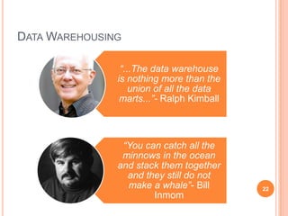 DATA WAREHOUSING

                “...The data warehouse
               is nothing more than the
                   union of all the data
                marts...”- Ralph Kimball



                “You can catch all the
                minnows in the ocean
               and stack them together
                 and they still do not
                 make a whale”- Bill       22
                       Inmom
 