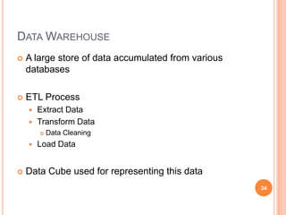 DATA WAREHOUSE
   A large store of data accumulated from various
    databases

   ETL Process
     Extract Data
     Transform Data
           Data Cleaning
       Load Data


   Data Cube used for representing this data
                                                     34
 