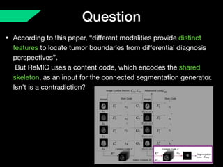Question
• According to this paper, “diﬀerent modalities provide distinct
features to locate tumor boundaries from diﬀerential diagnosis
perspectives”. 
But ReMIC uses a content code, which encodes the shared
skeleton, as an input for the connected segmentation generator.
Isn’t is a contradiction?
 