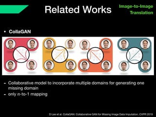 Related Works
Image-to-Image 
Translation
D Lee et al. CollaGAN: Collaborative GAN for Missing Image Data Imputation. CVPR 2019
- Collaborative model to incorporate multiple domains for generating one
missing domain

- only -to-1 mappingn
• CollaGAN
 
