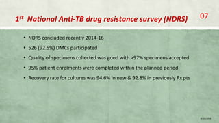 1st National Anti-TB drug resistance survey (NDRS)
▪ NDRS concluded recently 2014-16
▪ 526 (92.5%) DMCs participated
▪ Quality of specimens collected was good with >97% specimens accepted
▪ 95% patient enrolments were completed within the planned period
▪ Recovery rate for cultures was 94.6% in new & 92.8% in previously Rx pts
8/20/2018
07
 