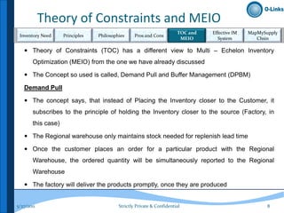 Theory of Constraints and MEIO
                                                                       TOC and   Effective IM   MapMySupply
 Inventory Need     Principles   Philosophies     Pros and Cons
                                                                        MEIO        System         Chsin

    Theory of Constraints (TOC) has a different view to Multi – Echelon Inventory
       Optimization (MEIO) from the one we have already discussed

    The Concept so used is called, Demand Pull and Buffer Management (DPBM)

   Demand Pull

    The concept says, that instead of Placing the Inventory closer to the Customer, it
       subscribes to the principle of holding the Inventory closer to the source (Factory, in
       this case)

    The Regional warehouse only maintains stock needed for replenish lead time

    Once the customer places an order for a particular product with the Regional
       Warehouse, the ordered quantity will be simultaneously reported to the Regional
       Warehouse

    The factory will deliver the products promptly, once they are produced


5/27/2011                                 Strictly Private & Confidential                              8
 