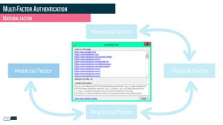 MULTI-FACTOR AUTHENTICATION
MATERIAL FACTOR
Memorial factor
Reactional factor
Physical FactorMaterial factor
 