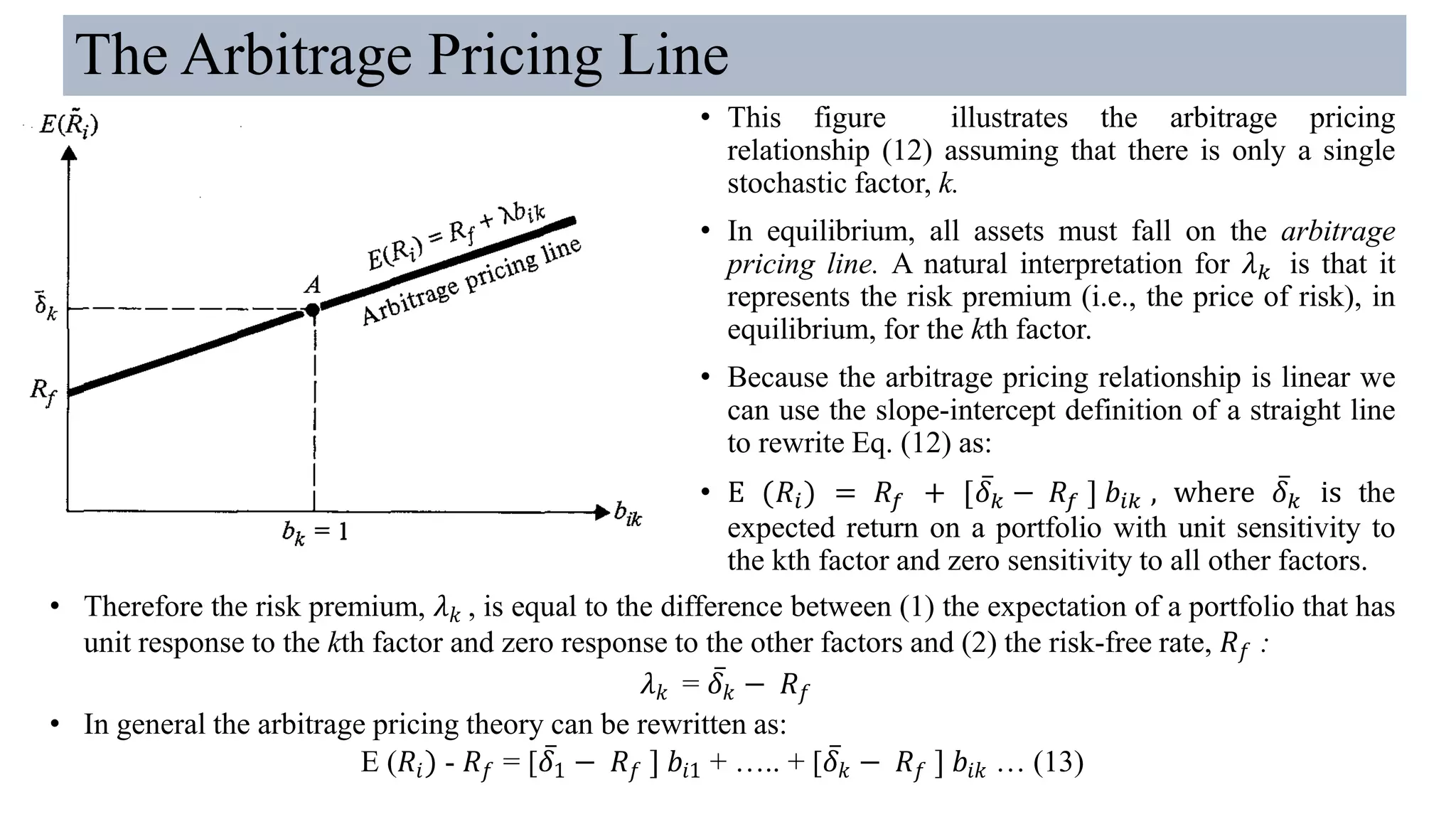 The Arbitrage Pricing Line
• This figure illustrates the arbitrage pricing
relationship (12) assuming that there is only a single
stochastic factor, k.
• In equilibrium, all assets must fall on the arbitrage
pricing line. A natural interpretation for 𝜆 𝑘 is that it
represents the risk premium (i.e., the price of risk), in
equilibrium, for the kth factor.
• Because the arbitrage pricing relationship is linear we
can use the slope-intercept definition of a straight line
to rewrite Eq. (12) as:
• E (𝑅𝑖) = 𝑅𝑓 + [ ҧ𝛿 𝑘 − 𝑅𝑓 ] 𝑏𝑖𝑘 , where ҧ𝛿 𝑘 is the
expected return on a portfolio with unit sensitivity to
the kth factor and zero sensitivity to all other factors.
• Therefore the risk premium, 𝜆 𝑘 , is equal to the difference between (1) the expectation of a portfolio that has
unit response to the kth factor and zero response to the other factors and (2) the risk-free rate, 𝑅 𝑓 :
𝜆 𝑘 = ҧ𝛿 𝑘 − 𝑅 𝑓
• In general the arbitrage pricing theory can be rewritten as:
E (𝑅𝑖) - 𝑅 𝑓 = [ ҧ𝛿1 − 𝑅 𝑓 ] 𝑏𝑖1 + ….. + [ ҧ𝛿 𝑘 − 𝑅 𝑓 ] 𝑏𝑖𝑘 … (13)
 