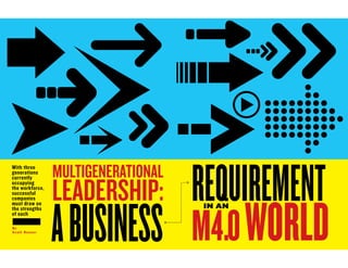 With three
generations
currently
occupying
the workforce,
successful
companies
must draw on
the strengths
of each
M4.0WORLD
MULTIGENERATIONAL
LEADERSHIP:
B y
S c o t t R e n n e r
IN AN
ABUSINESS
REQUIREMENT
 