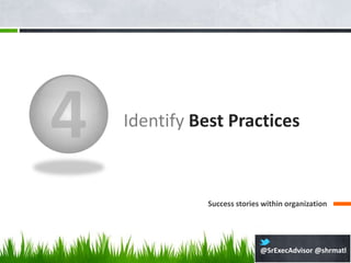 Identify Best Practices



           Success stories within organization




                          @SrExecAdvisor @shrmatl
 