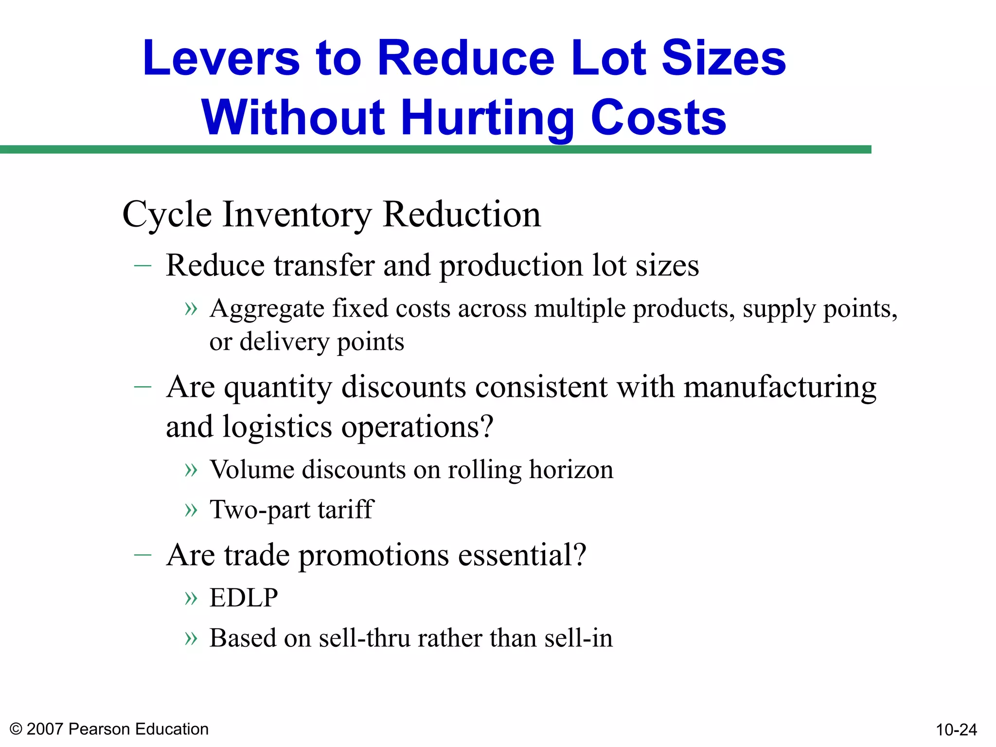 Levers to Reduce Lot Sizes
Without Hurting Costs
Cycle Inventory Reduction
– Reduce transfer and production lot sizes
» Aggregate fixed costs across multiple products, supply points,
or delivery points

– Are quantity discounts consistent with manufacturing
and logistics operations?
» Volume discounts on rolling horizon
» Two-part tariff

– Are trade promotions essential?
» EDLP
» Based on sell-thru rather than sell-in
© 2007 Pearson Education

10-24

 