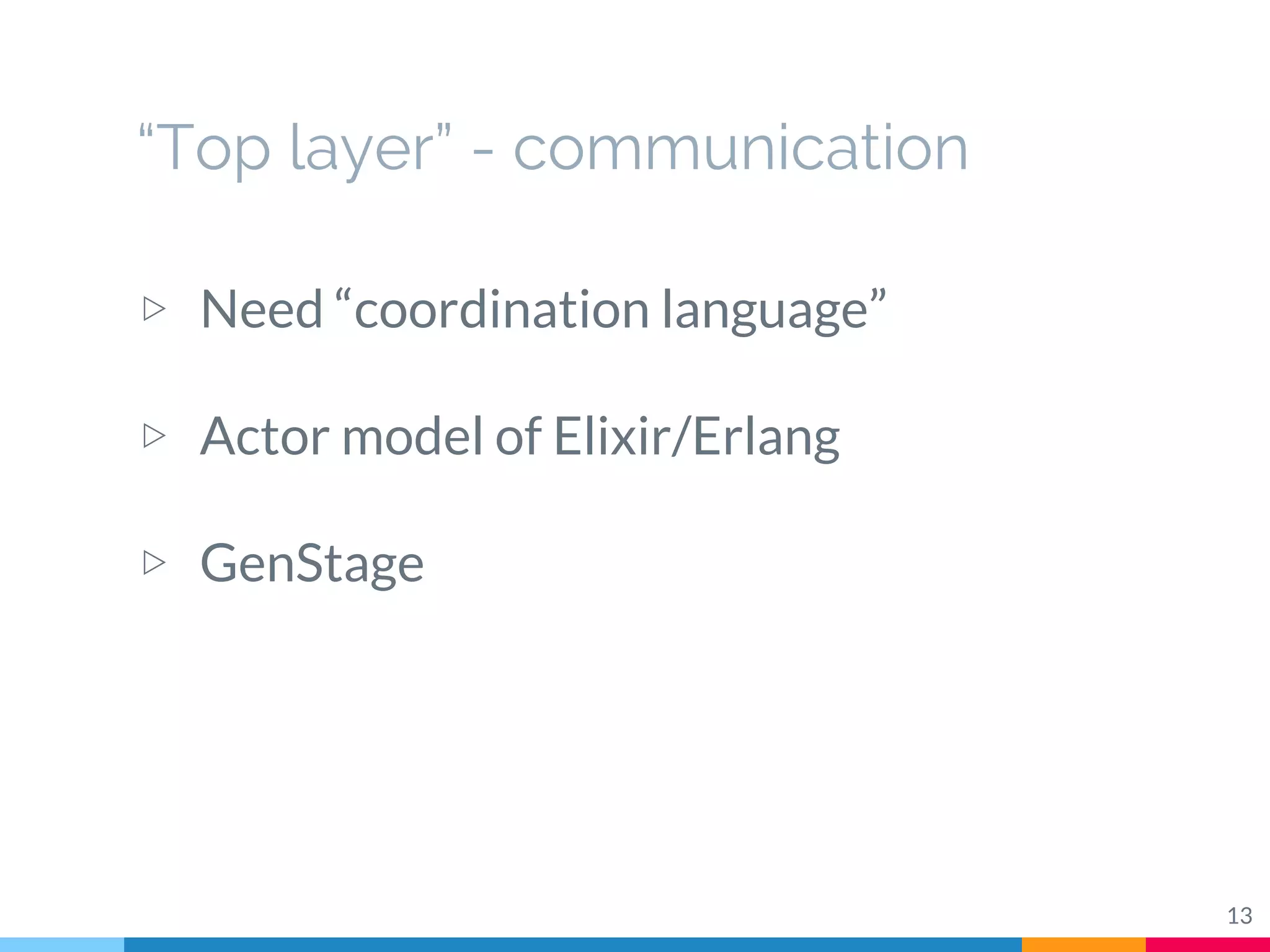 “Top layer” - communication
▷ Need “coordination language”
▷ Actor model of Elixir/Erlang
▷ GenStage
13
 