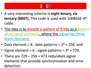 8B6T
• A very interesting scheme is eight binary, six
ternary (8B6T). This code is used with 100BASE-4T
cable.
• The idea is to encode a pattern of 8 bits as a pattern
of six signal elements, where the signal has three
levels (ternary).
• Data element = 8 ; data patterns = 28 = 256 and
• Signal element = 6 ; signal patterns = 36 = 729.
• There are 729 – 256 = 473 redundant signal
elements that provide synchronization and error
detection.
 