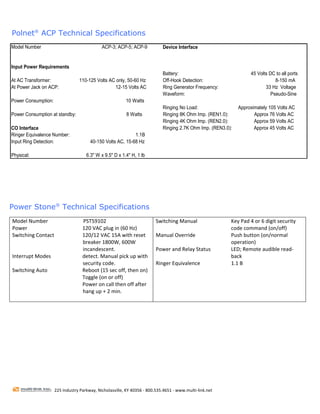 Polnet® ACP Technical Specifications
Model Number                                ACP-3; ACP-5; ACP-9             Device Interface


Input Power Requirements
                                                                            Battery:                               45 Volts DC to all ports
At AC Transformer:              110-125 Volts AC only, 50-60 Hz             Off-Hook Detection:                                8-150 mA
At Power Jack on ACP:                           12-15 Volts AC              Ring Generator Frequency:                     33 Hz Voltage
                                                                            Waveform:                                        Pseudo-Sine
Power Consumption:                                      10 Watts
                                                                            Ringing No Load:                  Approximately 105 Volts AC
Power Consumption at standby:                           8 Watts             Ringing 8K Ohm Imp. (REN1.0):            Approx 76 Volts AC
                                                                            Ringing 4K Ohm Imp. (REN2.0):            Approx 59 Volts AC
CO Interface                                                                Ringing 2.7K Ohm Imp. (REN3.0):          Approx 45 Volts AC
Ringer Equivalence Number:                                1.1B
Input Ring Detection:                40-150 Volts AC, 15-68 Hz

Physical:                          6.3" W x 9.5" D x 1.4" H, 1 lb                                                                              
             
             
             
             



Power Stone® Technical Specifications
Model Number                     PST59102                               Switching Manual                  Key Pad 4 or 6 digit security 
Power                            120 VAC plug in (60 Hz)                                                  code command (on/off) 
Switching Contact                120/12 VAC 15A with reset              Manual Override                   Push button (on/normal 
                                 breaker 1800W, 600W                                                      operation) 
                                 incandescent.                          Power and Relay Status            LED; Remote audible read‐
Interrupt Modes                  detect. Manual pick up with                                              back 
                                 security code.                         Ringer Equivalence                1.1 B 
Switching Auto                   Reboot (15 sec off, then on)            
                                 Toggle (on or off) 
                                 Power on call then off after 
                                 hang up + 2 min. 
 
             
                      
             
             
             
             
             
             
             
             
             

                    225 Industry Parkway, Nicholasville, KY 40356 ‐ 800.535.4651 ‐ www.multi‐link.net 
             
             
             
 