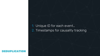 COMPAR
ING
VECTOR
CLOCKS
DEDUPLICATION
1. Unique ID for each event…
2. Timestamps for causality tracking
 