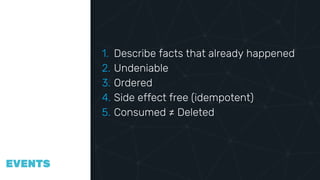 COMPAR
ING
VECTOR
CLOCKS
EVENTS
1. Describe facts that already happened
2. Undeniable
3. Ordered
4. Side effect free (idempotent)
5. Consumed ≠ Deleted
 